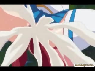 Gravid anime fanget og knullet alle hull av tentakler mons