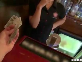 Smoking blond bartender stuffed for cash