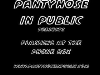 My slut Wife In ebony Pantyhose Flashes At The Public Phone Box