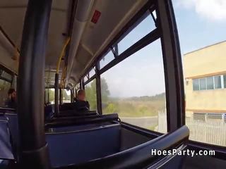 Threesome fuck party in public bus